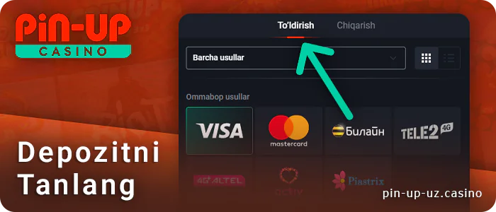 PIN Up to'lovlar bo'limidan depozitni tanlang