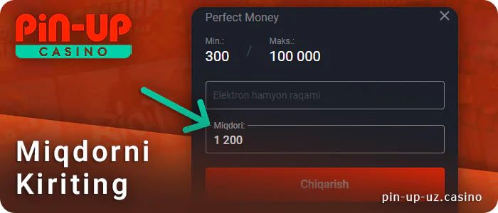 PIN Up-ga pulni qaytarish miqdorini kiriting